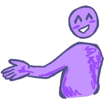 a smiling purple figure with one hand out gesturing onward